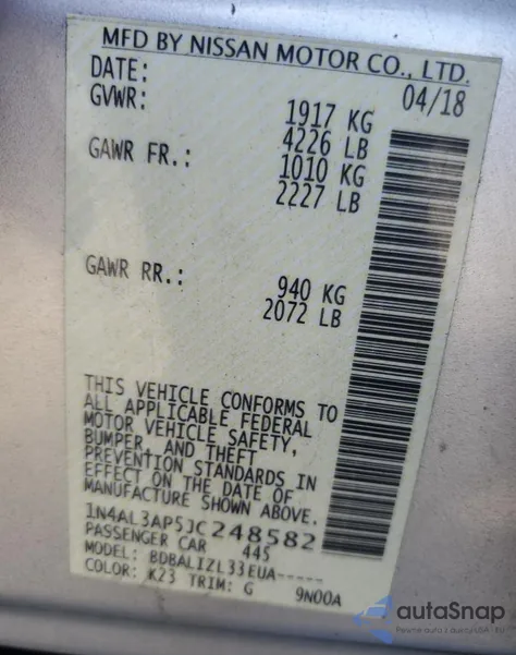 2018 Nissan Altima 2.5 из США, поврежденный, VIN 1N4AL3AP5JC248582